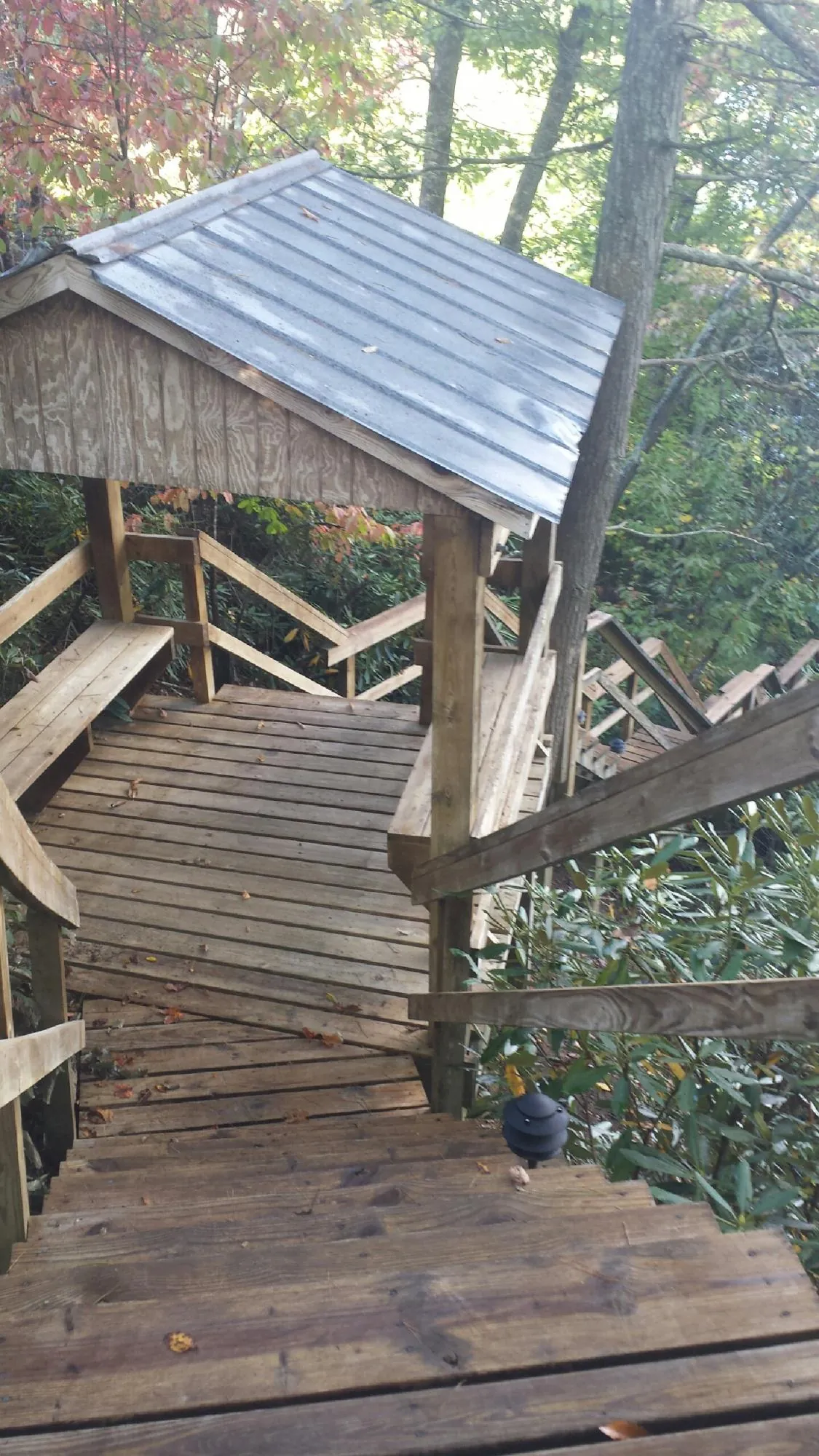 Metal roofed shelter over wooden steps on a wooded walkway — Skylight Repair & Installation work by our crew in Conehatta